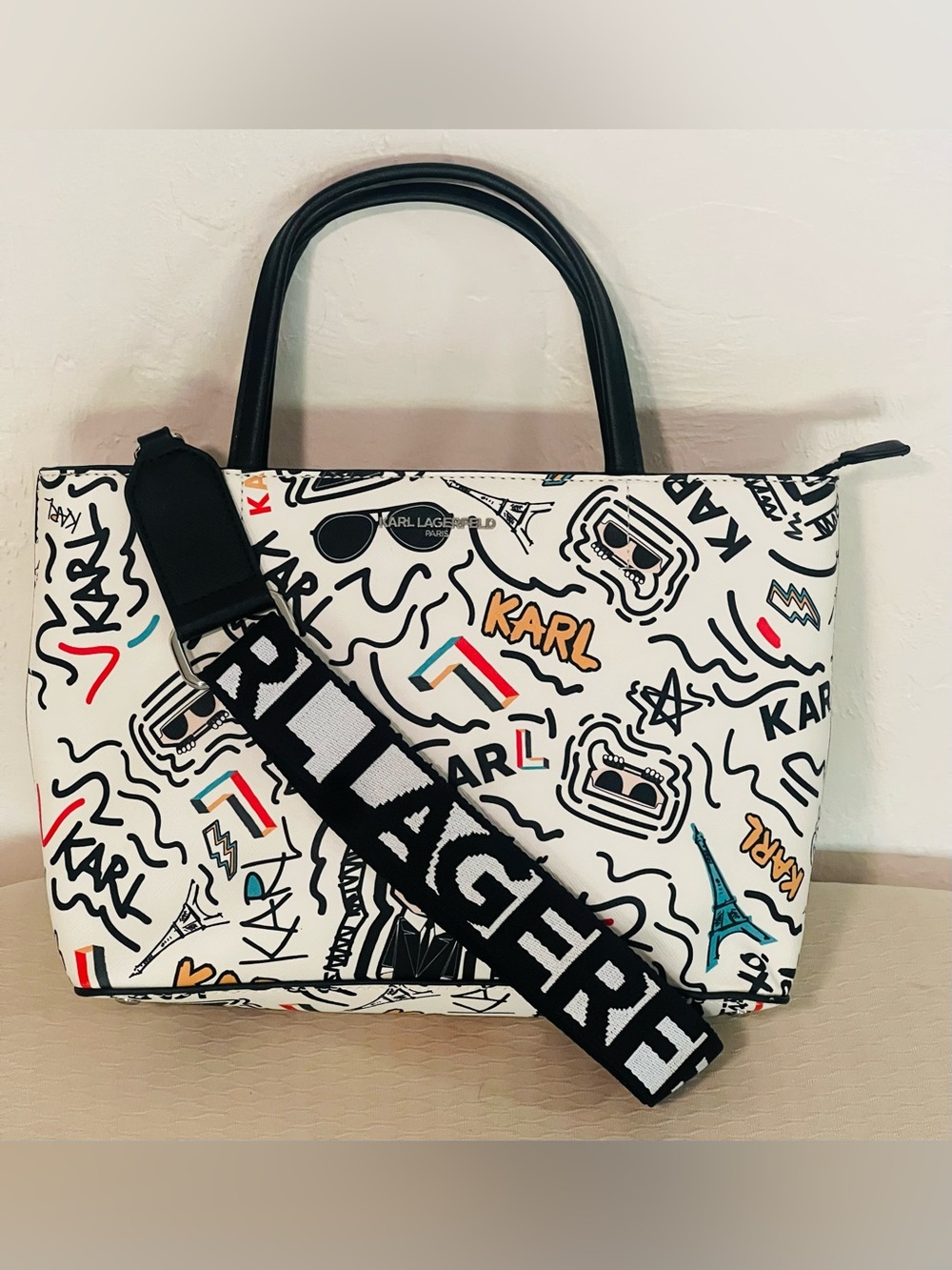 Karl Lagerfeld Paris White Graffiti Crossbody Shoulder Bag
